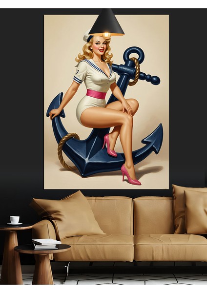 Denizci Kız Pin-Up Tarzı Çapa Dekoratif Kanvas - Mdf Ahşap Tablo fiyatları