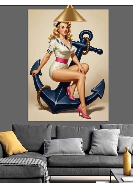 Denizci Kız Pin-Up Tarzı Çapa Dekoratif Kanvas - Mdf Ahşap Tablo modelleri