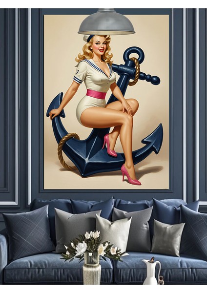 Denizci Kız Pin-Up Tarzı Çapa Dekoratif Kanvas - Mdf Ahşap Tablo fırsatları