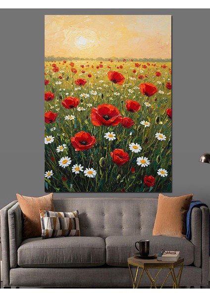 Kırmızı Gelincik Çiçeği Tarlası Dekoratif Kanvas - Mdf Ahşap Tablo fiyatları