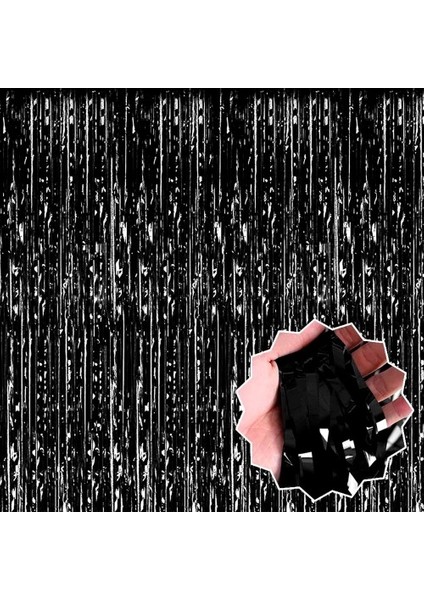 Siyah Ekstra Metalize Parlak Saçaklı Arka Fon Perde modelleri