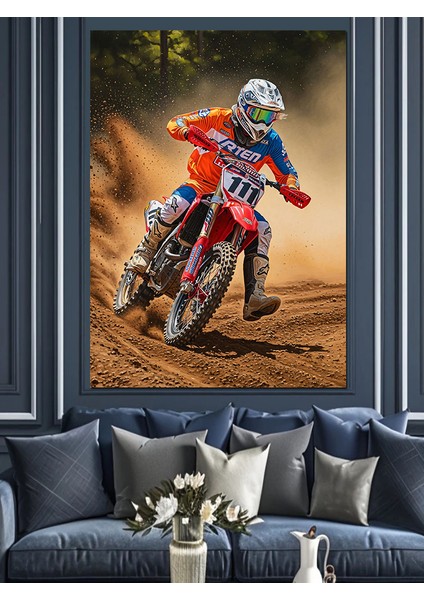Motorsiklet Yarışçısı Kirli Yol Dekoratif Kanvas - Mdf Ahşap Tablo