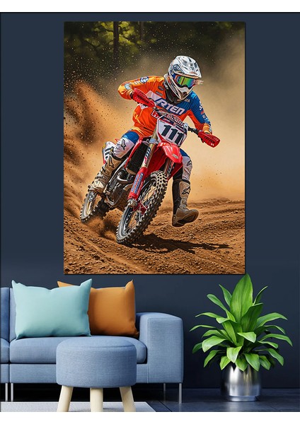 Motorsiklet Yarışçısı Kirli Yol Dekoratif Kanvas - Mdf Ahşap Tablo fiyatları