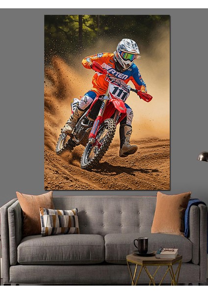 Motorsiklet Yarışçısı Kirli Yol Dekoratif Kanvas - Mdf Ahşap Tablo fırsatları
