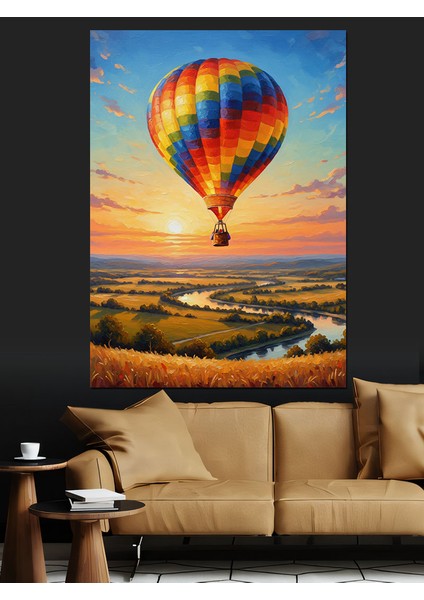 Manzarada Uçan Sıcak Balon Dekoratif Kanvas - Mdf Ahşap Tablo