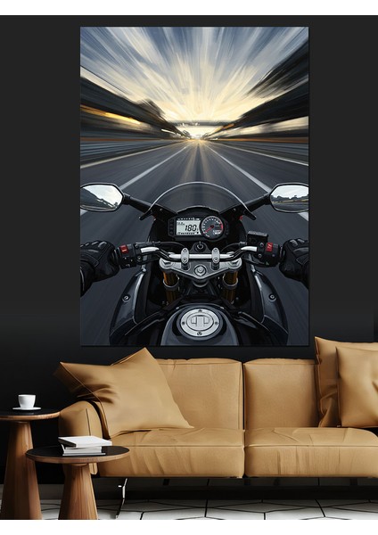 Uzun Yol Gece Sürüşü Motorsiklet Dekoratif Kanvas - Mdf Ahşap Tablo