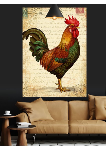 Renkli Horoz Rustik Dekoratif Kanvas - Mdf Ahşap Tablo