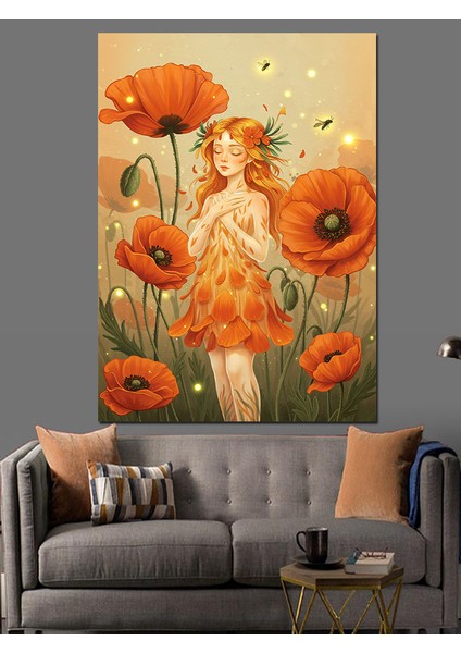 Turuncu Gelincik Çiçek Tarlası ve Parmak Kız Dekoratif Kanvas - Mdf Ahşap Tablo