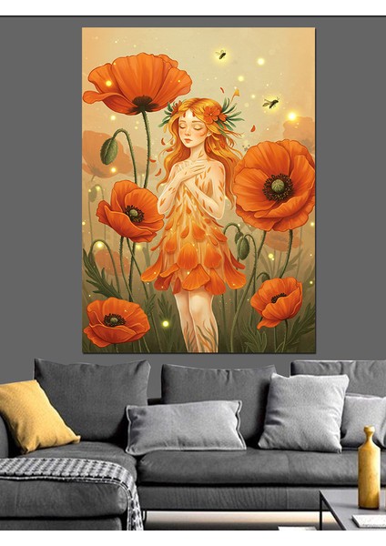 Turuncu Gelincik Çiçek Tarlası ve Parmak Kız Dekoratif Kanvas - Mdf Ahşap Tablo fiyatları