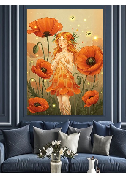 Turuncu Gelincik Çiçek Tarlası ve Parmak Kız Dekoratif Kanvas - Mdf Ahşap Tablo modelleri
