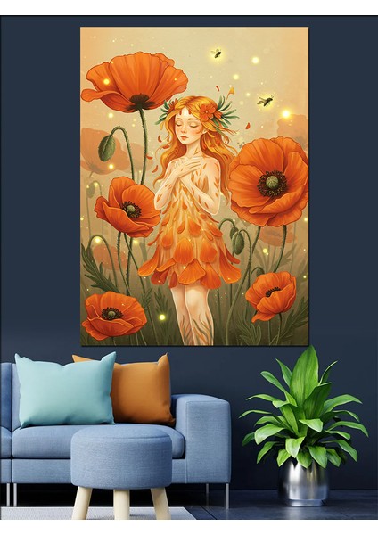 Turuncu Gelincik Çiçek Tarlası ve Parmak Kız Dekoratif Kanvas - Mdf Ahşap Tablo fırsatları