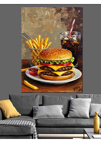 Hamburger Kızartma Natürmort Dekoratif Kanvas - Mdf Ahşap Tablo fiyatları