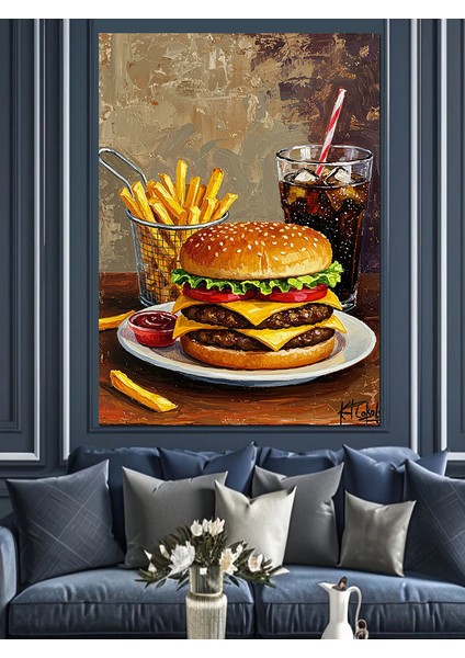 Hamburger Kızartma Natürmort Dekoratif Kanvas - Mdf Ahşap Tablo modelleri