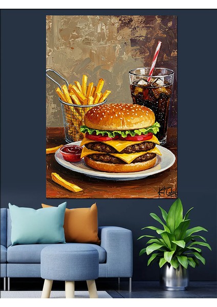 Hamburger Kızartma Natürmort Dekoratif Kanvas - Mdf Ahşap Tablo fırsatları