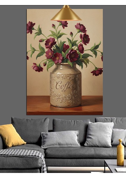 Çiçekler Vazo Retro Çizim Dekoratif Kanvas - Mdf Ahşap Tablo
