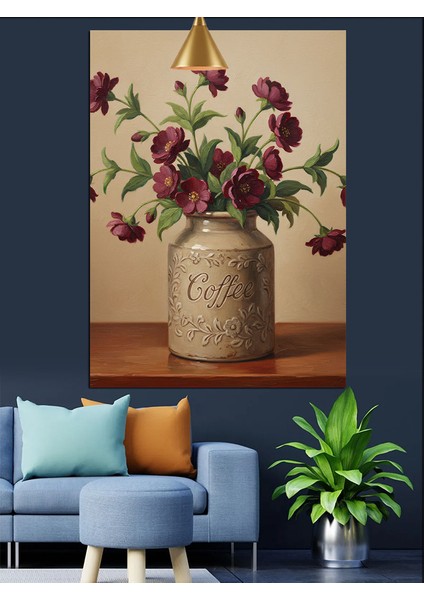 Çiçekler Vazo Retro Çizim Dekoratif Kanvas - Mdf Ahşap Tablo fırsatları