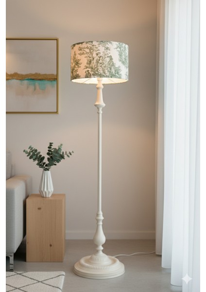 Vintage Yeşil Tole De Jouy Bej Metal Ayak Lambader