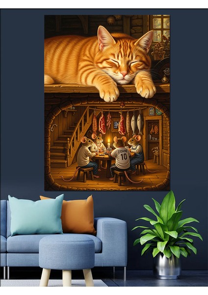 Kedi ve Fare Yavruları Uyku Keyfi Dekoratif Kanvas - Mdf Ahşap Tablo