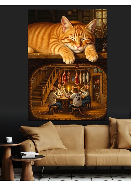 Kedi ve Fare Yavruları Uyku Keyfi Dekoratif Kanvas - Mdf Ahşap Tablo fiyatları