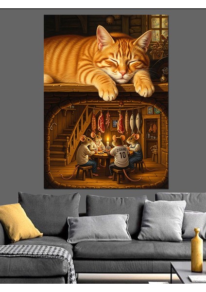 Kedi ve Fare Yavruları Uyku Keyfi Dekoratif Kanvas - Mdf Ahşap Tablo fırsatları