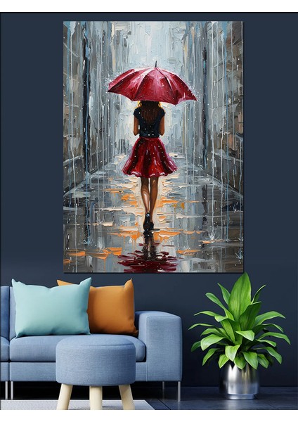 Kırmızı Şemsiyeli Kadın Portresi Dekoratif Kanvas - Mdf Ahşap Tablo