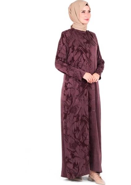 Kendinden Desenli Yakası Kurdele Detaylı Mürdüm Elbise 9412 fiyatları