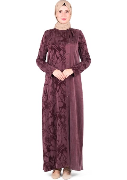 Kendinden Desenli Yakası Kurdele Detaylı Mürdüm Elbise 9412 modelleri