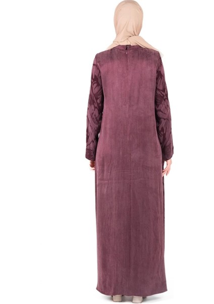 Kendinden Desenli Yakası Kurdele Detaylı Mürdüm Elbise 9412 fırsatları