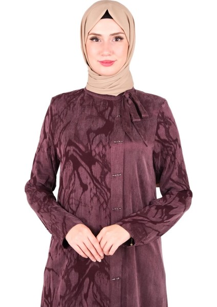 Kendinden Desenli Yakası Kurdele Detaylı Mürdüm Elbise 9412 indirimleri