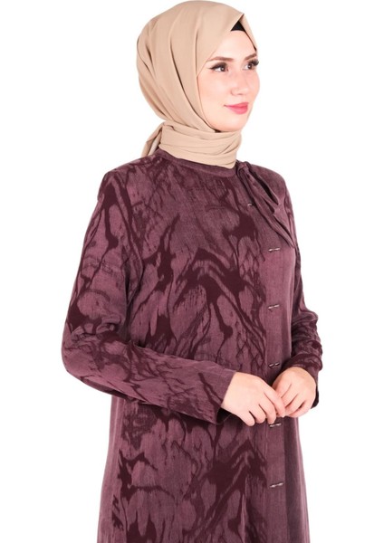 Kendinden Desenli Yakası Kurdele Detaylı Mürdüm Elbise 9412