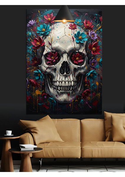 Çiçekli Kuru Kafa Iskelet Dekoratif Kanvas - Mdf Ahşap Tablo