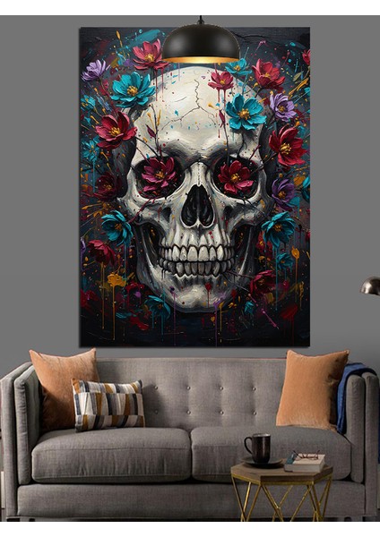 Çiçekli Kuru Kafa Iskelet Dekoratif Kanvas - Mdf Ahşap Tablo fırsatları