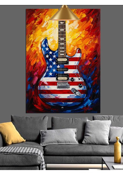 Amerikan Bayrağı Gitar Sanatı Dekoratif Kanvas - Mdf Ahşap Tablo