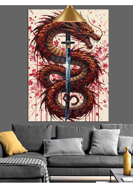 Kızıl Ejderha Suluboya Sanatı Dekoratif Kanvas - Mdf Ahşap Tablo