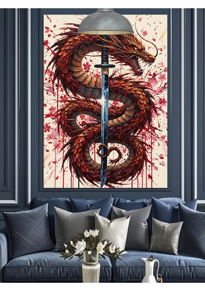Kızıl Ejderha Suluboya Sanatı Dekoratif Kanvas - Mdf Ahşap Tablo fiyatları