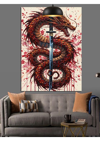 Kızıl Ejderha Suluboya Sanatı Dekoratif Kanvas - Mdf Ahşap Tablo modelleri