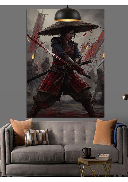Şemsiye Şapkalı Japon Savaşçı Kırmızı Işık Dekoratif Kanvas - Mdf Ahşap Tablo