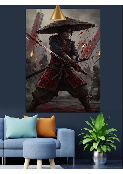 Şemsiye Şapkalı Japon Savaşçı Kırmızı Işık Dekoratif Kanvas - Mdf Ahşap Tablo fiyatları