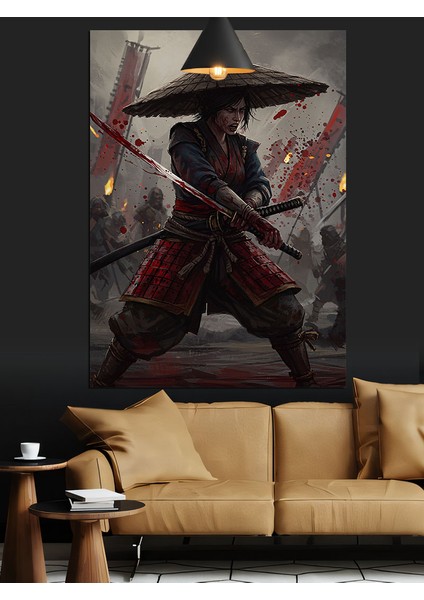 Şemsiye Şapkalı Japon Savaşçı Kırmızı Işık Dekoratif Kanvas - Mdf Ahşap Tablo modelleri