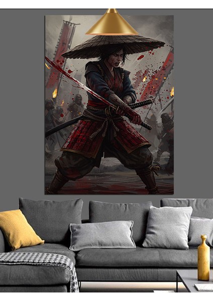 Şemsiye Şapkalı Japon Savaşçı Kırmızı Işık Dekoratif Kanvas - Mdf Ahşap Tablo fırsatları