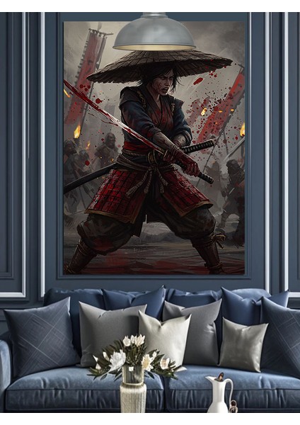 Şemsiye Şapkalı Japon Savaşçı Kırmızı Işık Dekoratif Kanvas - Mdf Ahşap Tablo indirimleri