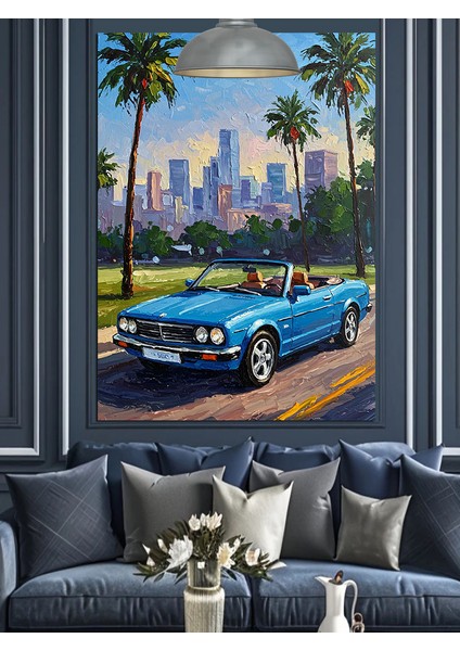Mavi Spor Araba Plajda Dekoratif Kanvas - Mdf Ahşap Tablo
