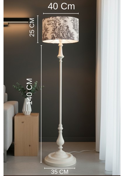 Vintage Siyah Toile De Jouy Bej Metal Ayak Lambader