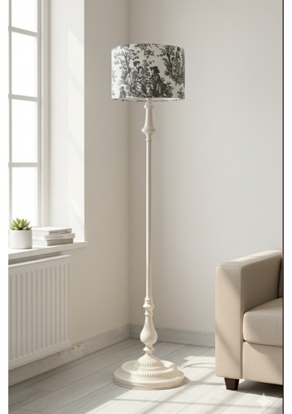 Vintage Siyah Toile De Jouy Bej Metal Ayak Lambader indirimleri