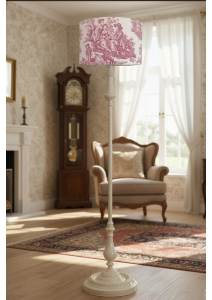 Vintage Kırmızı Toile De Jouy Bej Metal Ayak Lambader