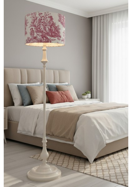 Vintage Kırmızı Toile De Jouy Bej Metal Ayak Lambader indirimleri