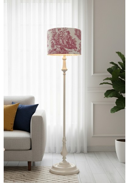 Vintage Kırmızı Toile De Jouy Bej Metal Ayak Lambader