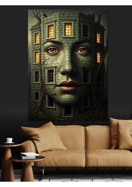 Yeşil Yüz Heykelsi Portre Dekoratif Kanvas - Mdf Ahşap Tablo