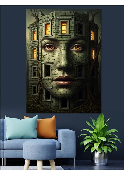 Yeşil Yüz Heykelsi Portre Dekoratif Kanvas - Mdf Ahşap Tablo indirimleri