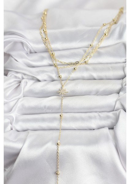 Pirinç Gold Renk Kutup Yıldızı Detaylı 3'lü Kombin Kadın Kolye - Bamido